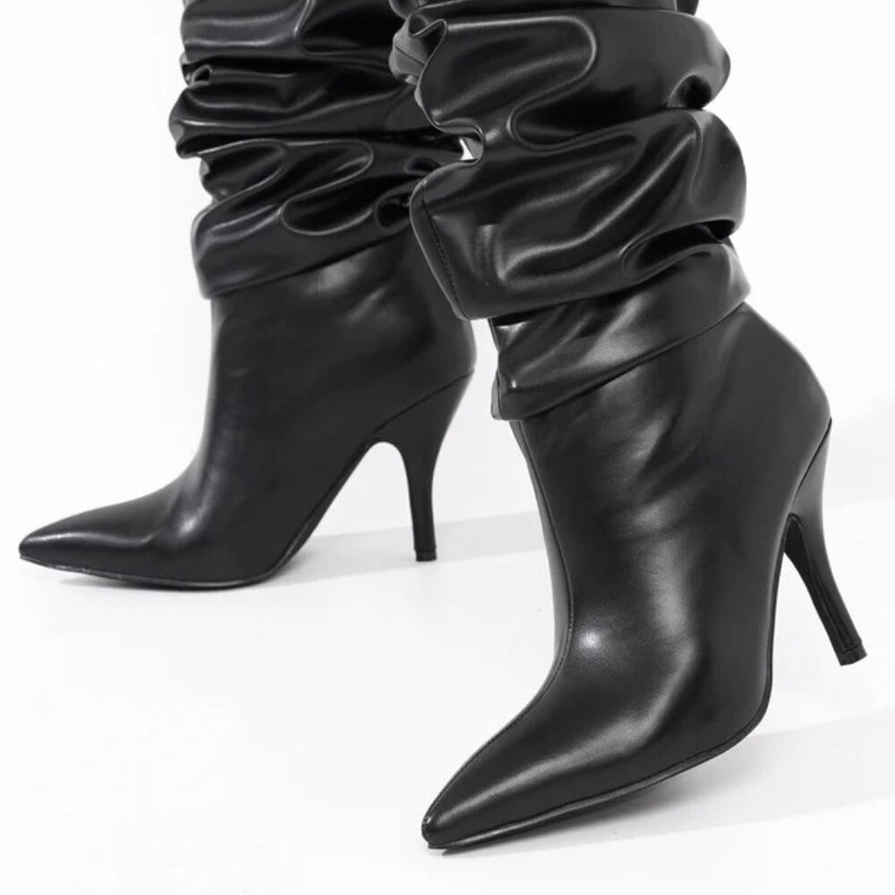 Khaite Ruched Stiletto Mid Calf Boots - Black